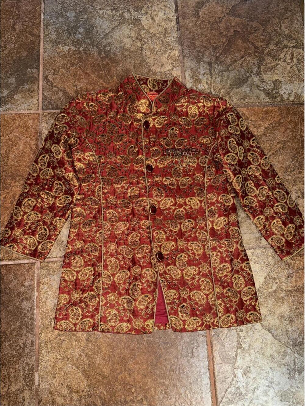Ethni'ks Neu-Ron Asian Style Boys Festive Button-Up Jacket Red & Gold Size 3/98c